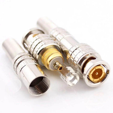 5 Piece Set of Male to Female BNC Connectors for Coaxial Cables close-up showing metal bayonet couplings and RG6-compatible fittings