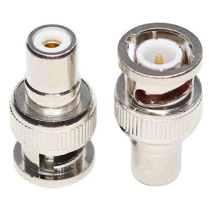 BNC to RCA Adapter for Antenna and Radio Connections showing two silver BNC-to-RCA connectors for AV and antenna compatibility