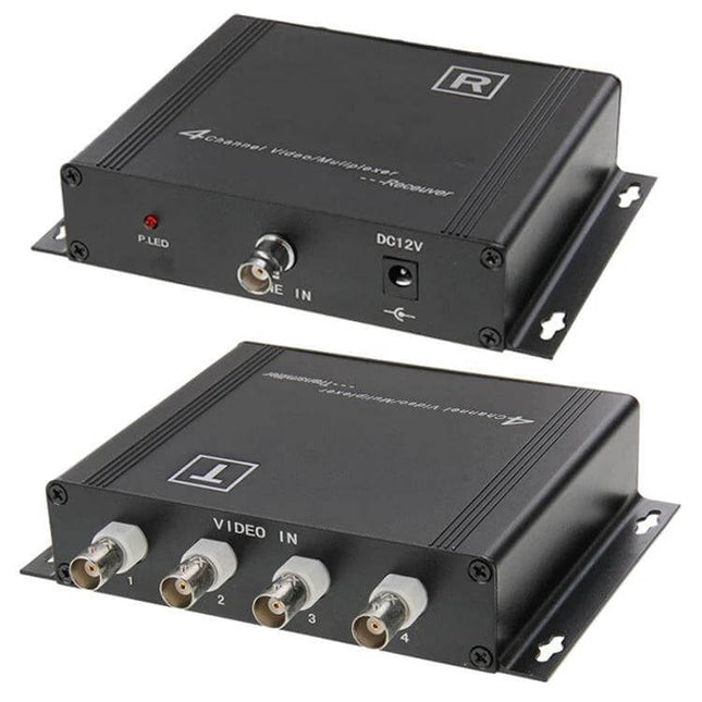 4-Channel Video Transmitter and Receiver for Camera Signals black metal transmitter and receiver unit with four BNC video ports and DC12V port