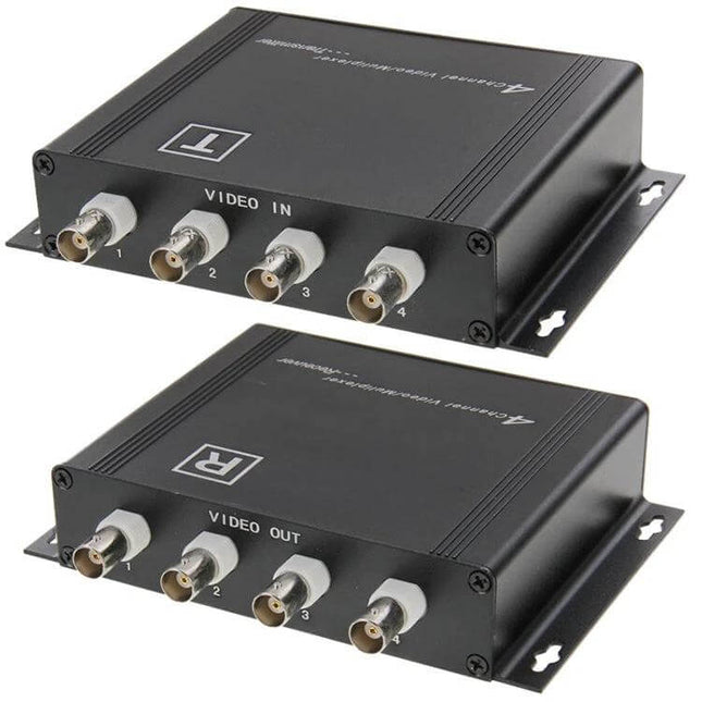 4-Channel Video Transmitter and Receiver for Camera Signals compact coax hub showing BNC video in/out and RS485 control for surveillance installations