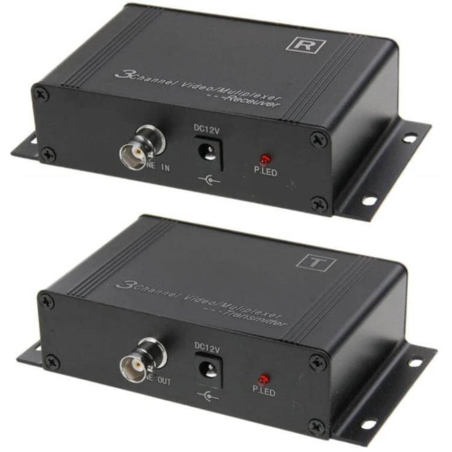 3-Channel Video and Control Signal Multiplexer for Security Cameras showing two black metal units with BNC connectors and DC12V power ports