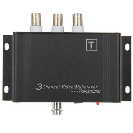 3-Channel Video and Control Signal Multiplexer for Security Cameras black metal transmitter with three BNC ports and RS485 coax connector