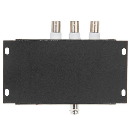 3-Channel Video and Control Signal Multiplexer for Security Cameras compact black metal unit with three BNC connectors