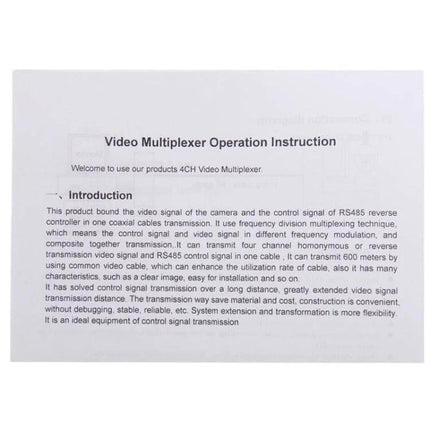 3-Channel Video and Control Signal Multiplexer for Security Cameras white instruction sheet showing video multiplexer operation and RS485 coax transmission details
