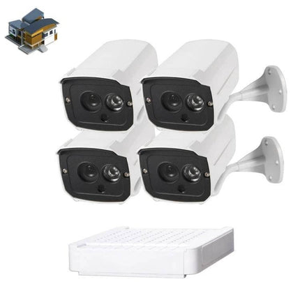 Home Security IP Camera Kit with 4 Channels and Night Vision showing four white 1MP night-vision cameras and 4-channel NVR for home monitoring