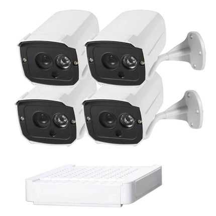 Home Security IP Camera Kit with 4 Channels and Night Vision showing four 1MP cameras and 4-channel NVR for remote night monitoring up to 20m