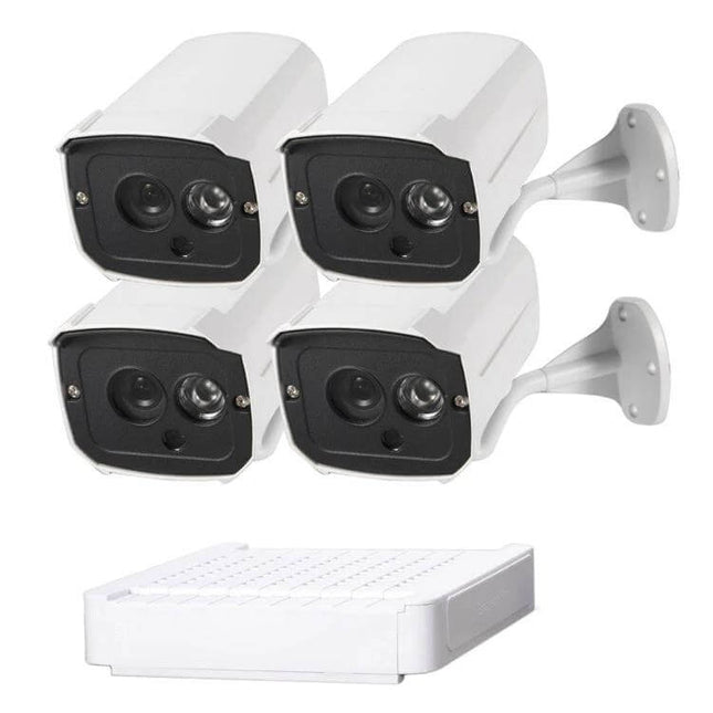 Home Security IP Camera Kit with 4 Channels and Night Vision - 4 white 1MP bullet cameras with 4-channel NVR, night vision up to 20m, remote mobile viewing
