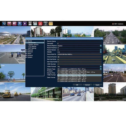 Home Security IP Camera Kit with 4 Channels and Night Vision showing NVR interface with four live camera feeds and night vision settings