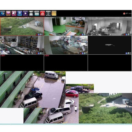 Home Security IP Camera Kit with 4 Channels and Night Vision showing multi-view surveillance feeds of parking lot, building interior, and outdoor areas