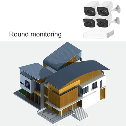 Home Security IP Camera Kit with 4 Channels and Night Vision showing four 1MP cameras, NVR and home monitoring view