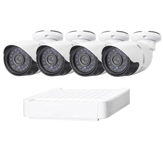 IP Camera Kit for Home Security with Night Vision and Motion Detection showing four 1MP cameras and 4-channel NVR for remote monitoring