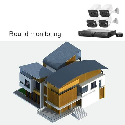 IP Security Camera Kit with Night Vision for Home Monitoring showing 4-channel NVR and four 1.3MP cameras guarding modern home exterior