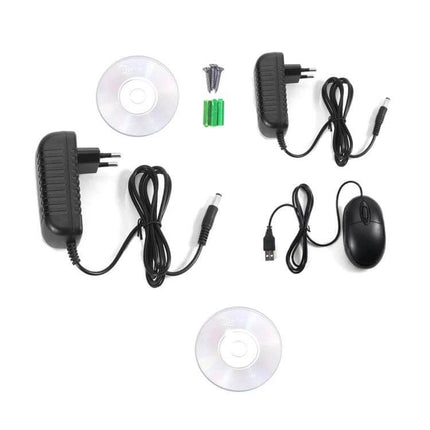 IP Security Camera Kit with Night Vision for Home Monitoring accessories: power adapters, USB mouse and installation CDs