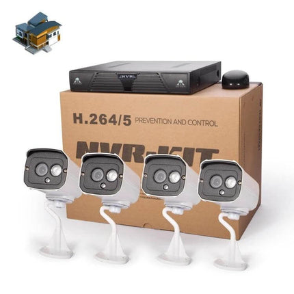 IP Security Camera Kit with Night Vision for Home Monitoring shown with 4 cameras and 4-channel NVR for residential surveillance