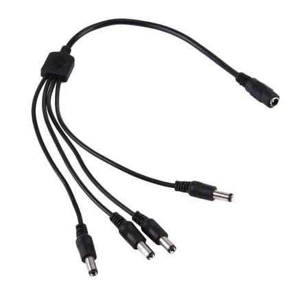 DC Power Cable for CCTV Systems with One Female to Four Male Connectors - 1-to-4 splitter cable shown connecting one female to four male DC plugs for cameras