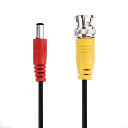 Black 20m CCTV Video and Power Cable with Connectors showing red DC power plug and yellow BNC video connector on black cable