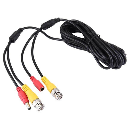 5-Meter Black CCTV Video and Power Cable for Security Cameras – coiled black cable with BNC video and DC power connectors