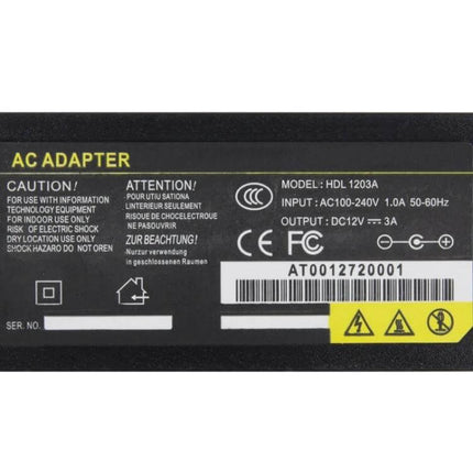 HDL Universal 12V 3A AC Power Adapter for Security Systems - black 12V 3A AC adapter label for CCTV and alarm power