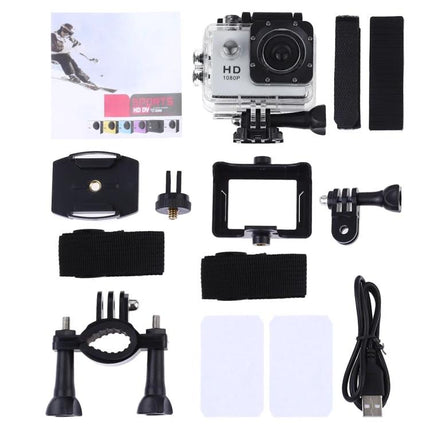 Waterproof Action Sports Camera With 30m Dive Case and accessories kit showing camera, dive housing, mounts, straps, and USB cable