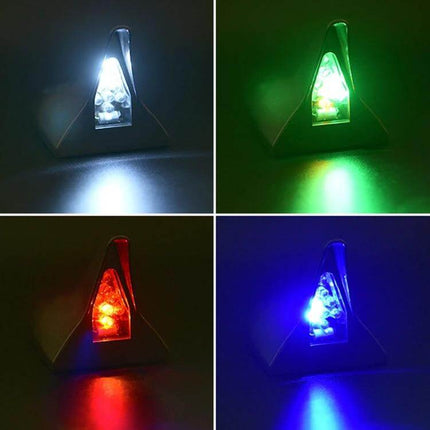 Solar Shark Fin Alarm Light for Cars High-Positioned showing multicolor LED roof beacon (white, green, red, blue) with solar panel and adhesive mount