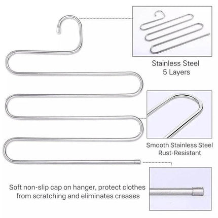 S Shape Multi Functional Clothes Hangers For Pants Storage stainless steel 5-layer S-shaped pants hanger space-saving non-slip cap
