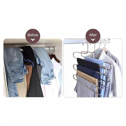S Shape Multi Functional Clothes Hangers For Pants Storage stainless steel space-saving S-shaped pants organizer showing before and after closet