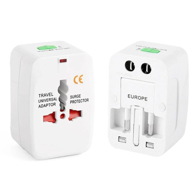 Universal Travel Adaptor for Worldwide Electrical Outlets compact white travel adapter showing multi-country plug types and surge protector