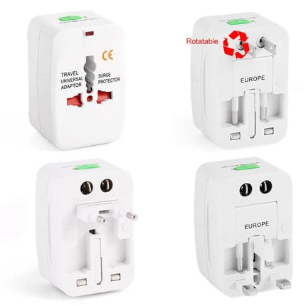 Universal Travel Adaptor for Worldwide Electrical Outlets showing compact white rotatable multi-plug design for Europe UK USA China Japan Australia Spain
