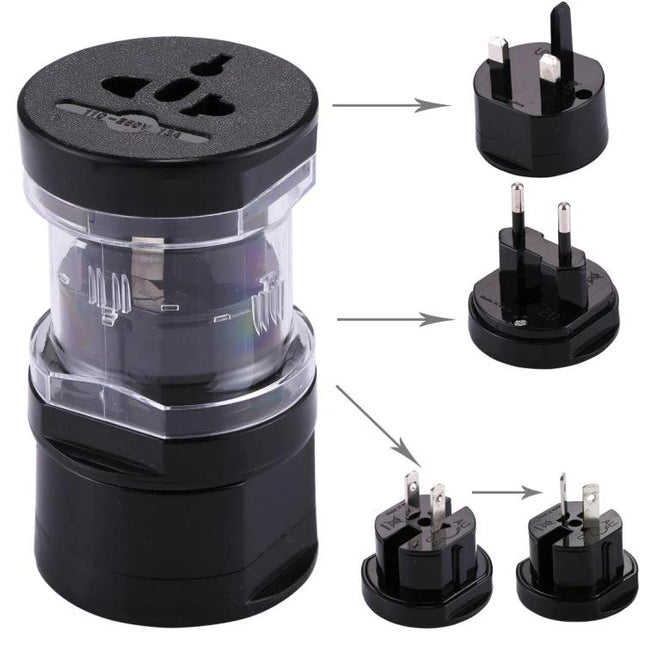 Universal Travel Adaptor for EU, AU, UK, and US Plugs compact one-piece travel adapter showing interchangeable EU AU UK US plug heads