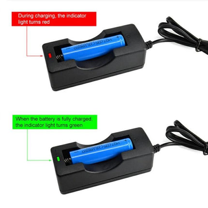 18650 Lithium-Ion Battery Charger with US Power Plug Included showing red charging and green fully charged indicator lights
