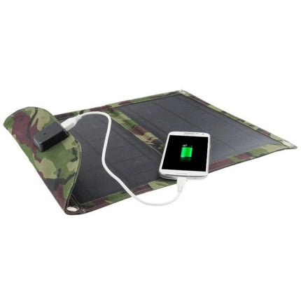 Portable 10W Folding Solar Panel Charger for Laptops and Phones in camo charging smartphone outdoors, USB power bank connected