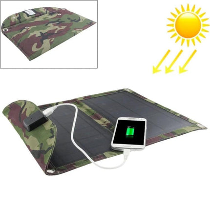 Portable 10W Folding Solar Panel Charger for Laptops and Phones camo foldable solar charger powering phone in sunlight