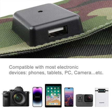 Portable 10W Folding Solar Panel Charger for Laptops and Phones showing USB port and compatible devices like phones, tablets, camera, and power bank