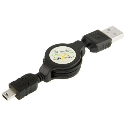 Retractable Cable for Everyday Device Charging and Transfer showing retractable USB A to mini-USB cable in black