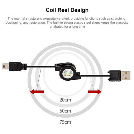 Retractable Cable for Everyday Device Charging and Transfer retractable coil reel USB cable showing 20/50/75cm lengths and connectors