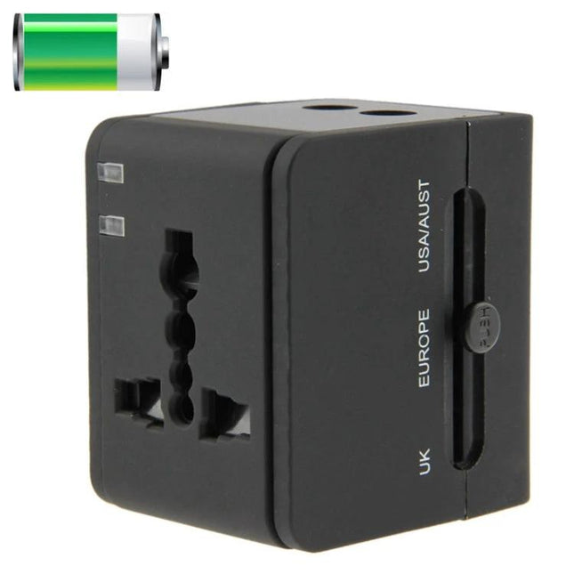 Universal Travel Adaptor with 2 USB Ports for Worldwide Use compact black multi-region plug converter for Europe UK USA China Japan Australia Spain