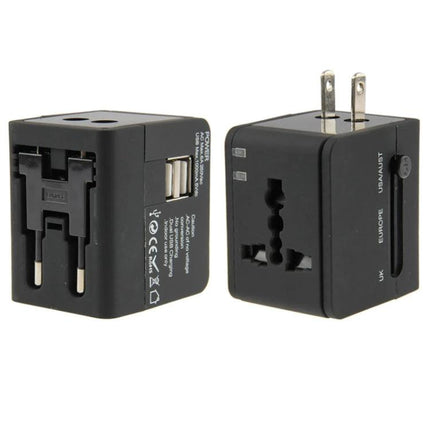 Universal Travel Adaptor with 2 USB Ports for Worldwide Use Compact black universal travel adapter showing multiple plug types and two USB ports
