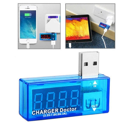 Portable USB Current and Voltage Tester for Mobile Chargers - blue USB charger doctor showing voltage/current readout
