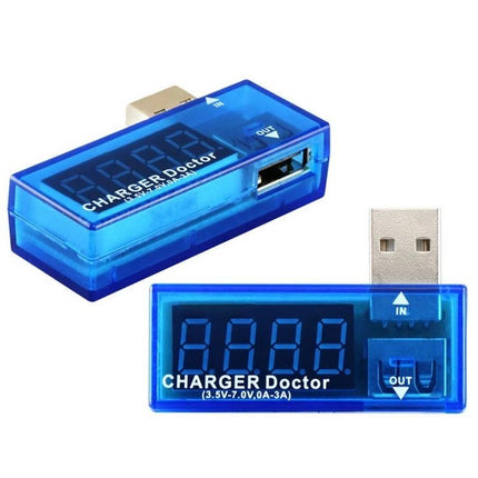 Portable USB Current and Voltage Tester for Mobile Chargers compact blue USB charger doctor showing input and output ports and digital display