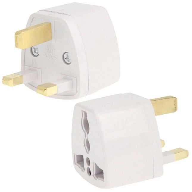 Universal Travel Plug Adapter with UK Socket for Global Use - white UK three-pin travel adapter for phones and laptops (dual view)