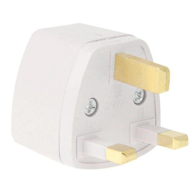 20-Piece Plug Adapter Set with UK Socket for International Use - white UK plug adapter close-up, brass pins visible