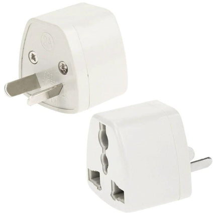 Universal Travel Plug Adapter with AU Socket for International Use showing white dual-angle views and multi-plug compatibility