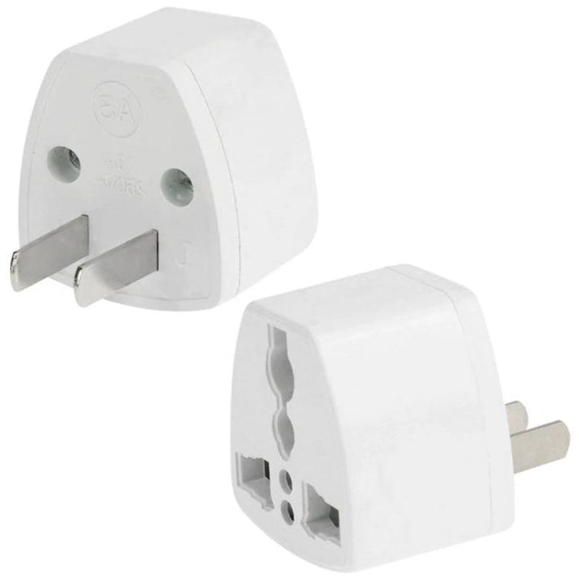 Universal Travel Adapter for International Plugs - white compact adapter showing US flat pins and universal socket for phones, laptops and electronics