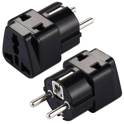 WD-9 Universal Travel Plug Adapter for Europe and Other Regions shown from two angles, black compact adapter for phones and laptops