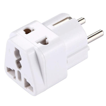 WD-9 Universal Travel Plug Adapter for Europe and Other Regions white universal travel power adapter showing multiple plug inputs and European round pins