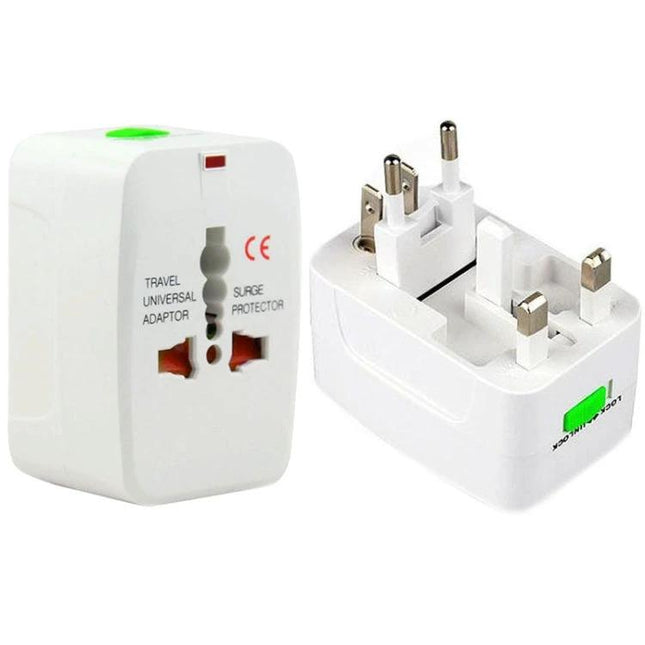 Universal Travel Plug Adapter for Worldwide Outlets and Travel showing white multi-country plug adapter with surge protection