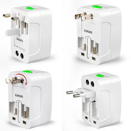 Universal Travel Plug Adapter for Worldwide Outlets and Travel showing multi-region plug configurations and safety features for smartphones and cameras