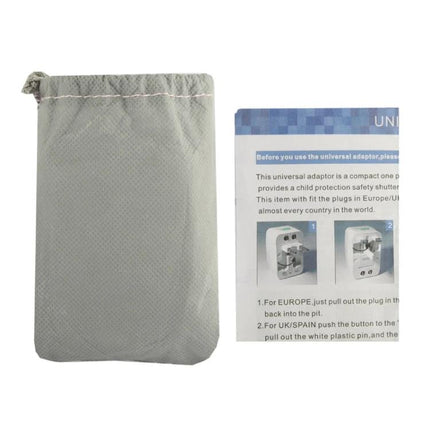 Universal Travel Plug Adapter for Worldwide Outlets and Travel with gray drawstring pouch and instruction leaflet