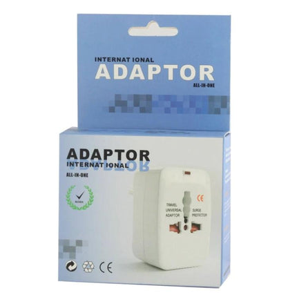 Universal Travel Plug Adapter for Worldwide Outlets and Travel shown in white with safety markings and blue retail packaging