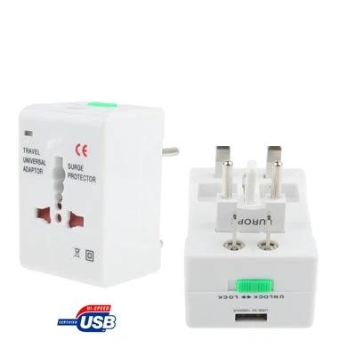 Universal Travel Adaptor with USB Port for Global Outlets white multi-plug adapter with USB charging port and retractable plugs